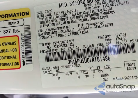 2020 Ford Fusion Plug-In Hybrid Titanium from USA, damaged, VIN 3FA6P0SU0LR181486